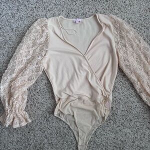 Pink Lily Cream Lace Sleeve Wrap Bodysuit